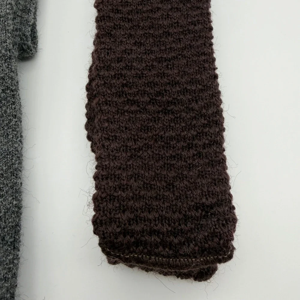 Lot of 2 Vintage 70s Knit Wool Square Ties Gray Brown Made in USA Mens Retro